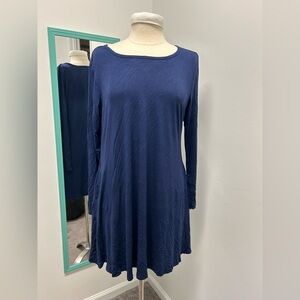 Casual Blue Loose Long Sleeve Tunic Dress with Pockets
